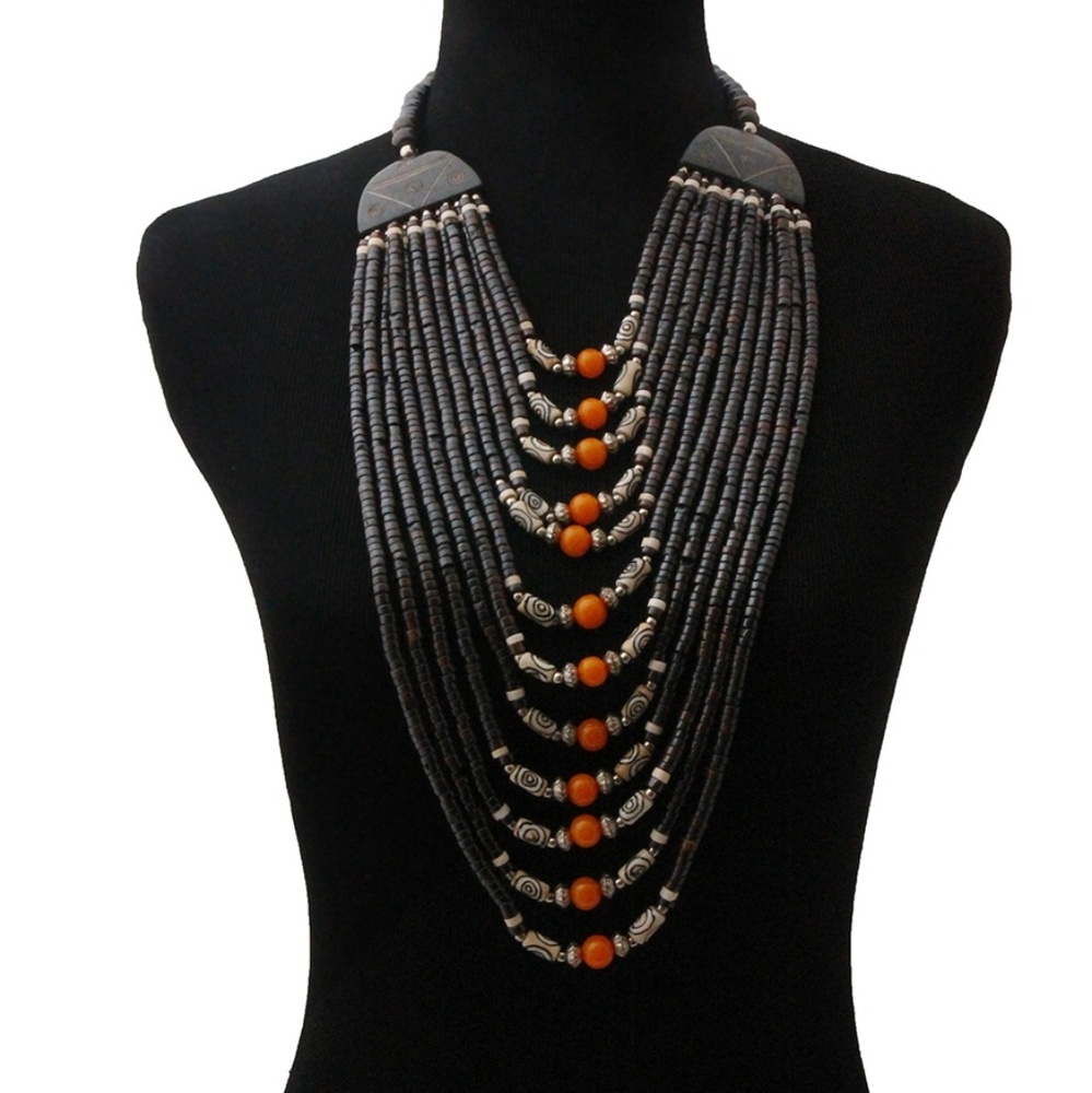 Brown Layered Bead Bib Necklace Set